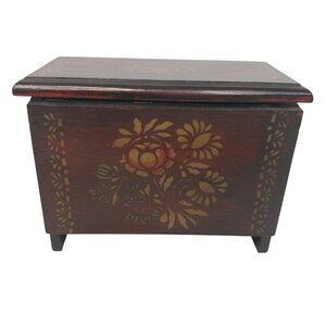 Vintage Handcrafted Wooden Footed Keepsake Box With Floral Painted Design